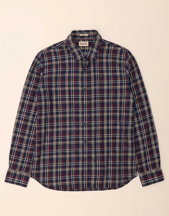 TOMMY HILFIGER Mens Flannel Shirt Large Navy Blue Check Cotton