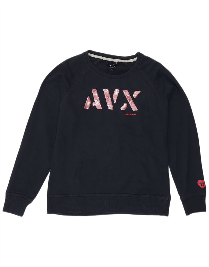 Avirex Womens Graphic Sweatshirt Jumper UK 14 Large Navy Blue Cotton