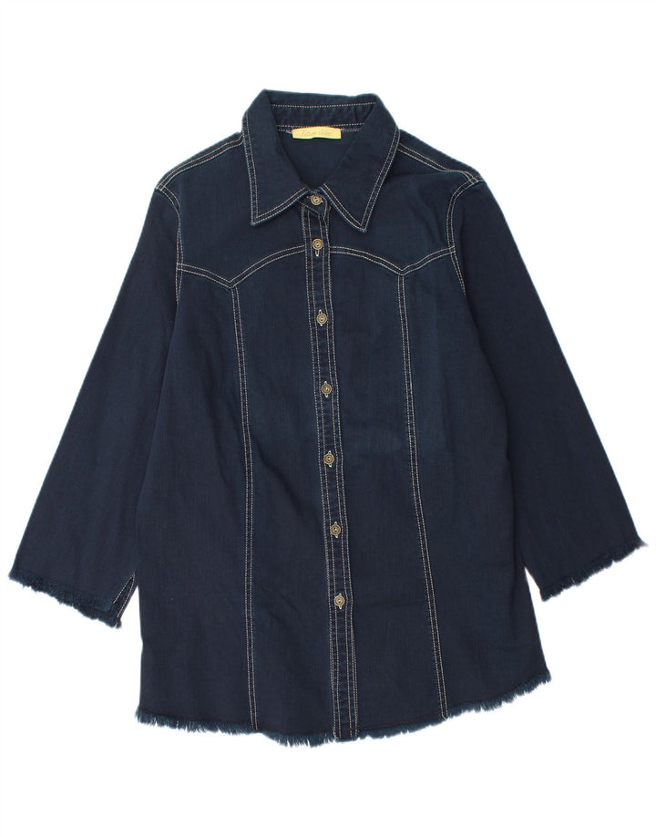 Vintage Womens 3/4 Sleeve Longline Denim Shirt Medium Navy Blue Cotton