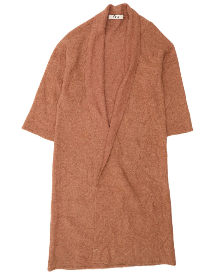 Zara Womens Longline Open Cardigan Sweater UK 14 Medium Beige Wool