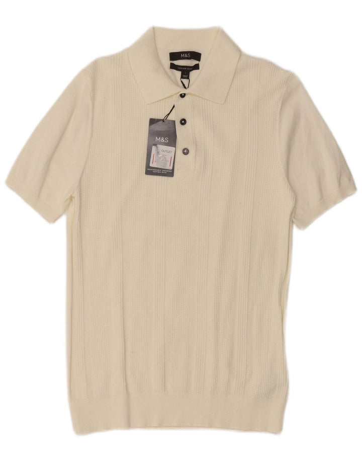 Marks & Spencer Mens Short Sleeve Polo Neck Jumper Sweater Small Off White