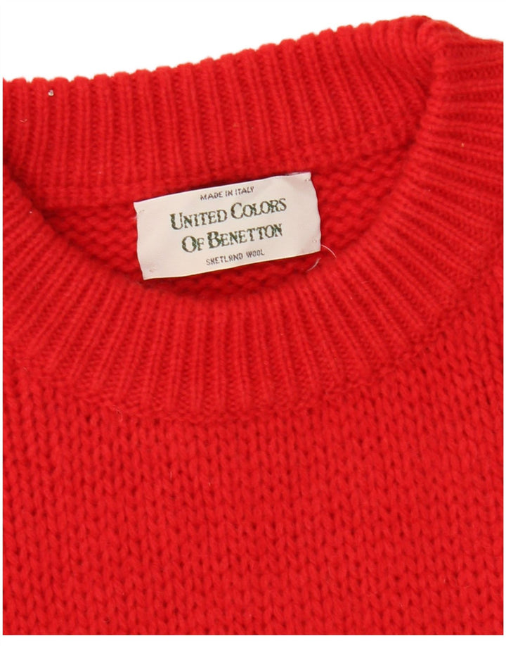 BENETTON Mens Boat Neck Jumper Sweater Medium Red Fair Isle Wool