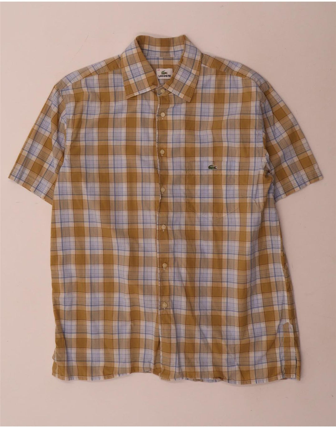 Lacoste Mens Short Sleeve Shirt Size 44 XL Khaki Check Cotton