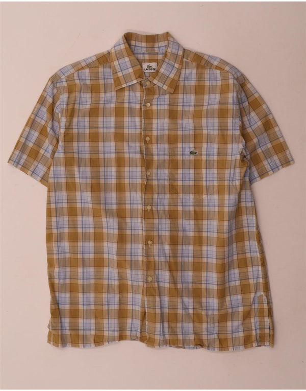 Lacoste Mens Short Sleeve Shirt Size 44 XL Khaki Check Cotton