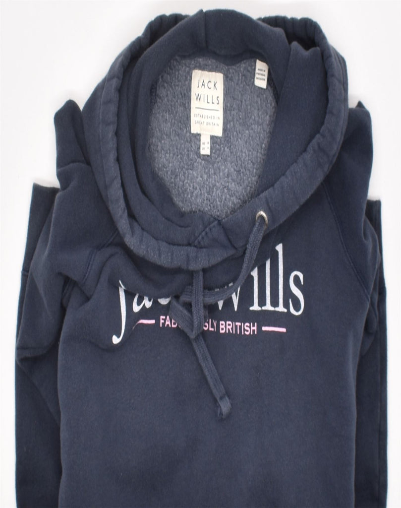 JACK WILLS Womens Graphic Hoodie Jumper UK 8 Small Navy Blue Cotton | Vintage | Thrift | Second-Hand | Used Clothing | Messina Hembry 