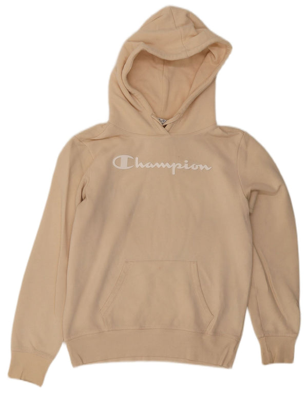 Champion Womens Graphic Hoodie Jumper UK 14 Medium Beige Cotton