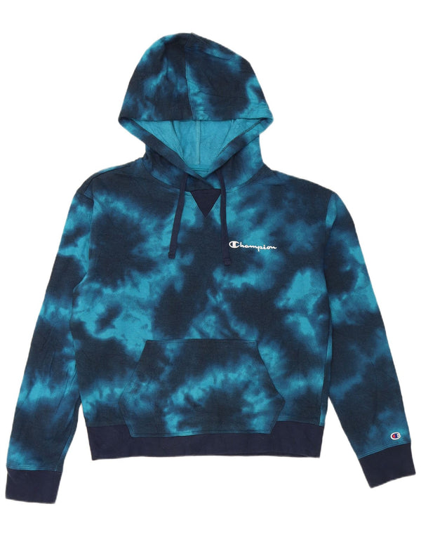 Champion Womens Hoodie Jumper UK 14 Medium Blue Tie Dye Cotton
