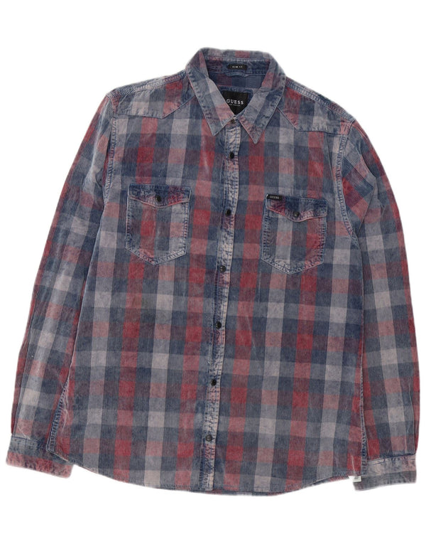 Guess Mens Corduroy Slim Fit Shirt UK 42 Large Blue Check Cotton