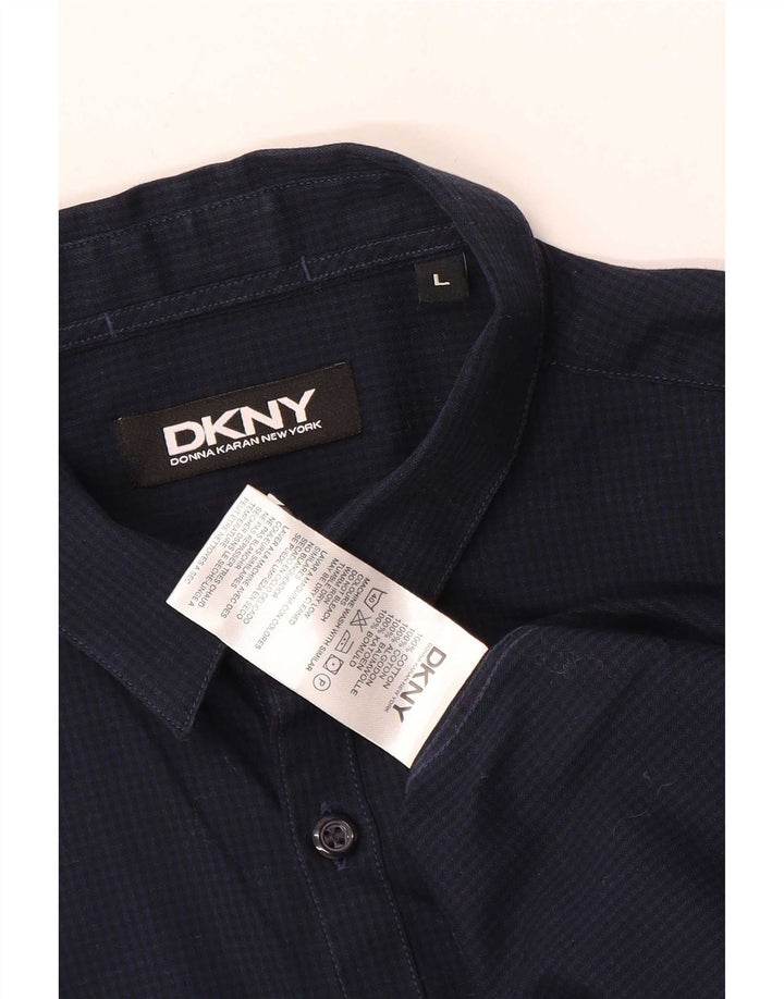 Dkny Mens Shirt Large Navy Blue Gingham Cotton
