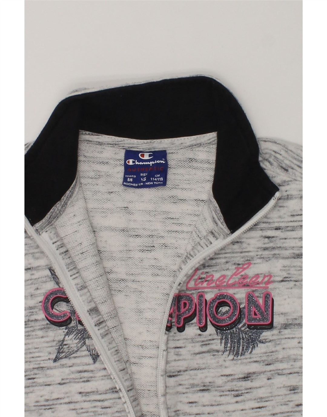 CHAMPION Girls Graphic Tracksuit Top Jacket 5-6 Years XS Grey Flecked | Vintage Champion | Thrift | Second-Hand Champion | Used Clothing | Messina Hembry 