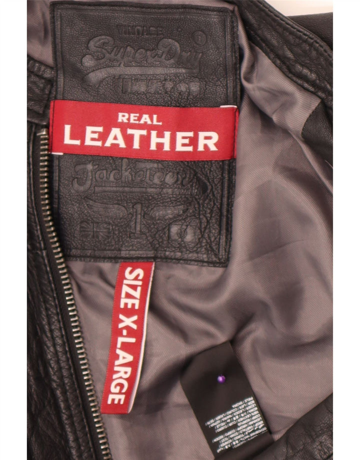 Superdry Womens Leather Racer Jacket UK 18 XL Black Leather