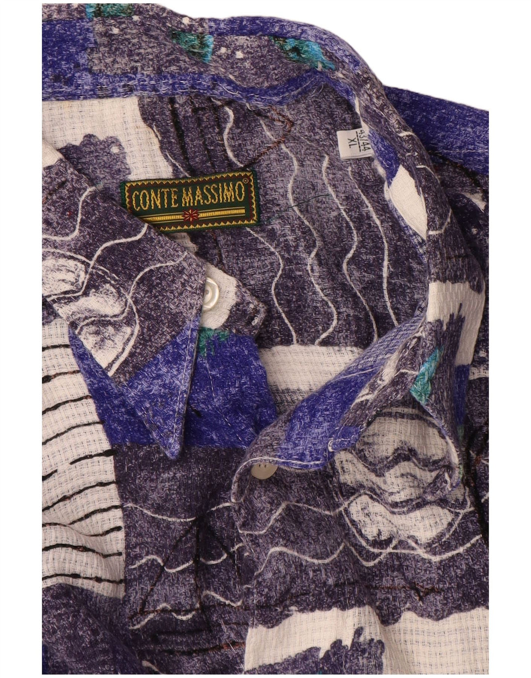 Conte Massimo Mens Abstract Pattern Short Sleeve Shirt Size 43/44 XL Blue