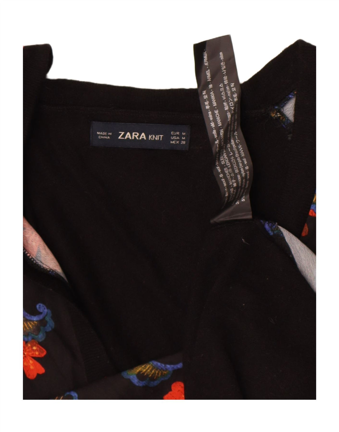 Zara Womens Top Long Sleeve UK 14 Medium Black Floral Wool