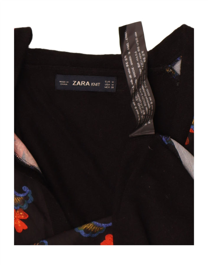 Zara Womens Top Long Sleeve UK 14 Medium Black Floral Wool