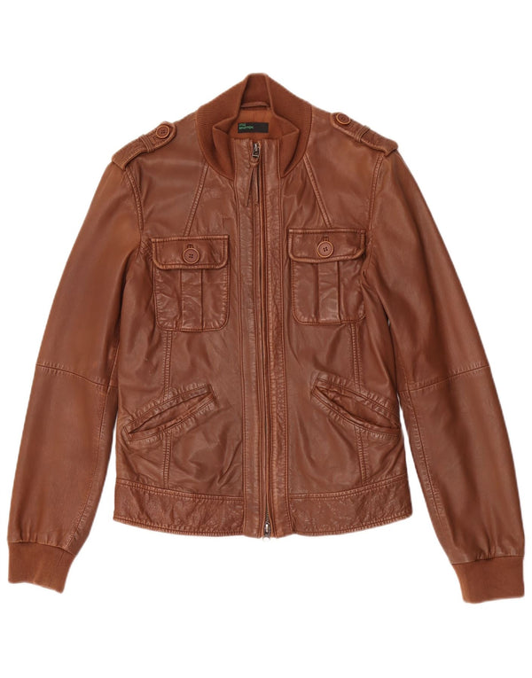 BENETTON Womens Military Leather Jacket IT 44 Medium Brown Leather