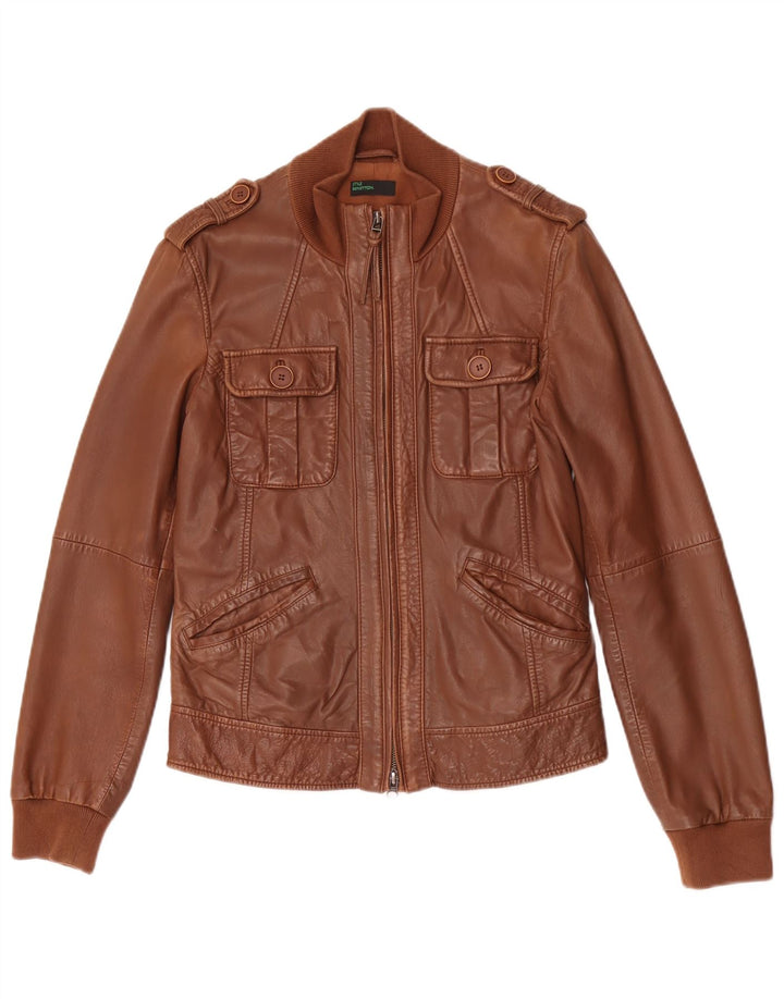 BENETTON Womens Military Leather Jacket IT 44 Medium Brown Leather