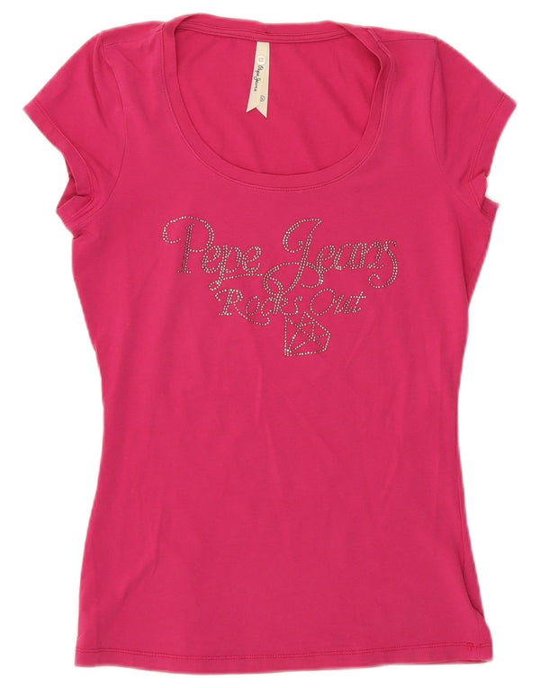 PEPE Jeans Womens Graphic T-Shirt Top UK 10 Small Pink