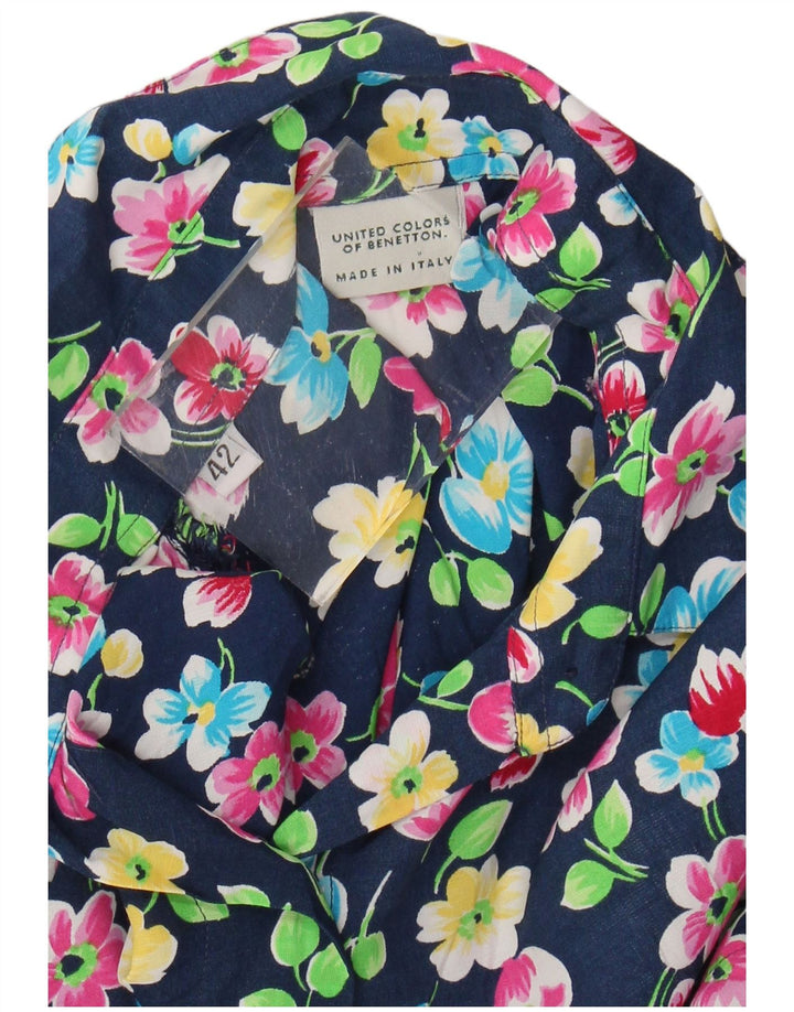 BENETTON Womens Short Sleeve Shirt IT 42 Medium Navy Blue Floral Viscose