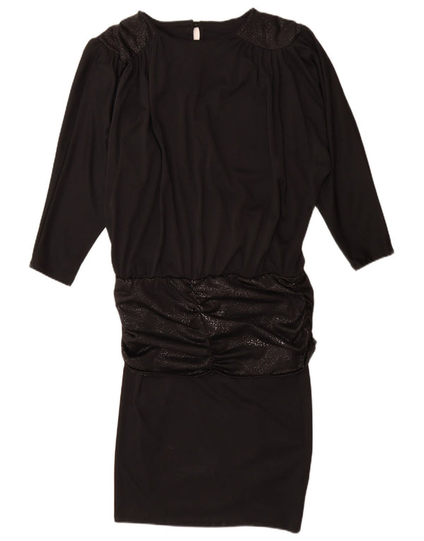 Vintage Womens Long Sleeve Drop Waist Dress UK 14 Large Black Animal Print