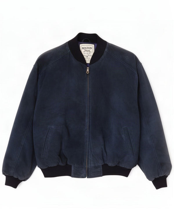 Boston Mens Suede Bomber Jacket UK 40 Large Navy Blue Colourblock