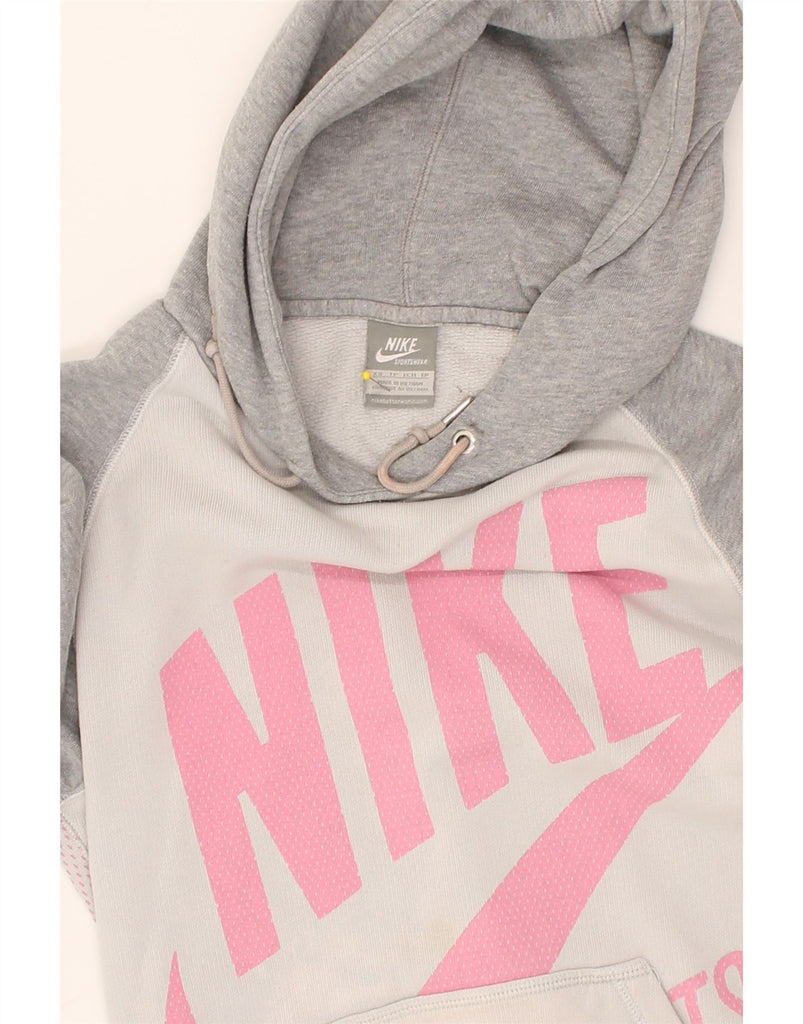 NIKE Womens Graphic Hoodie Jumper UK 6 XS Grey Colourblock Cotton | Vintage Nike | Thrift | Second-Hand Nike | Used Clothing | Messina Hembry 