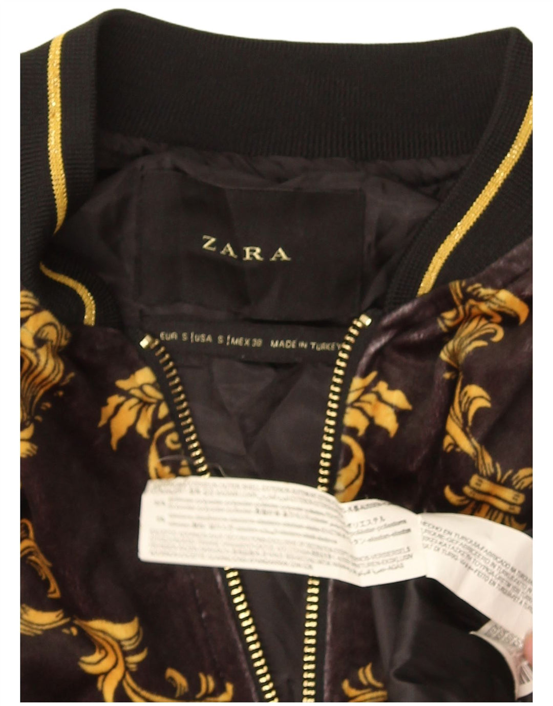 Zara Mens Abstract Pattern Bomber Jacket UK 36 Small Black Polyester