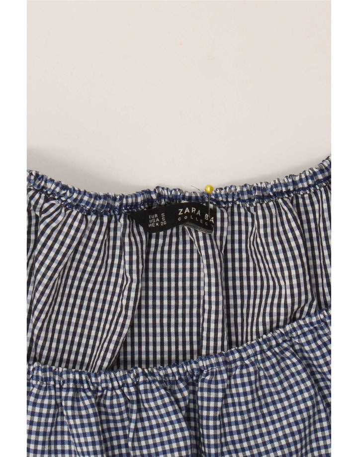 Zara Womens Crop Off Shoulder Top UK 10 Small Navy Blue Gingham