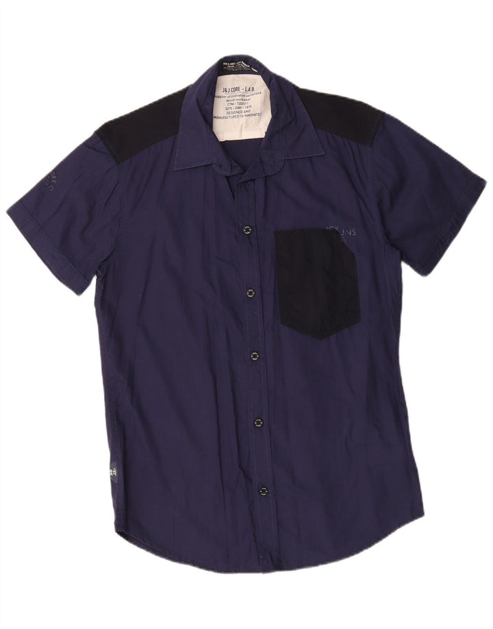 Jack & Jones Mens Graphic Short Sleeve Shirt Small Navy Blue Colourblock