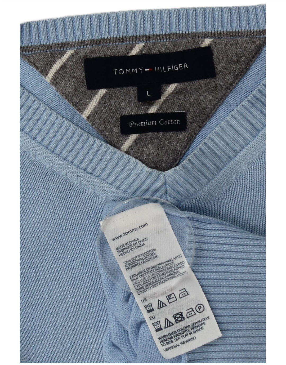Tommy Hilfiger Mens V-Neck Jumper Sweater Large Blue Cotton