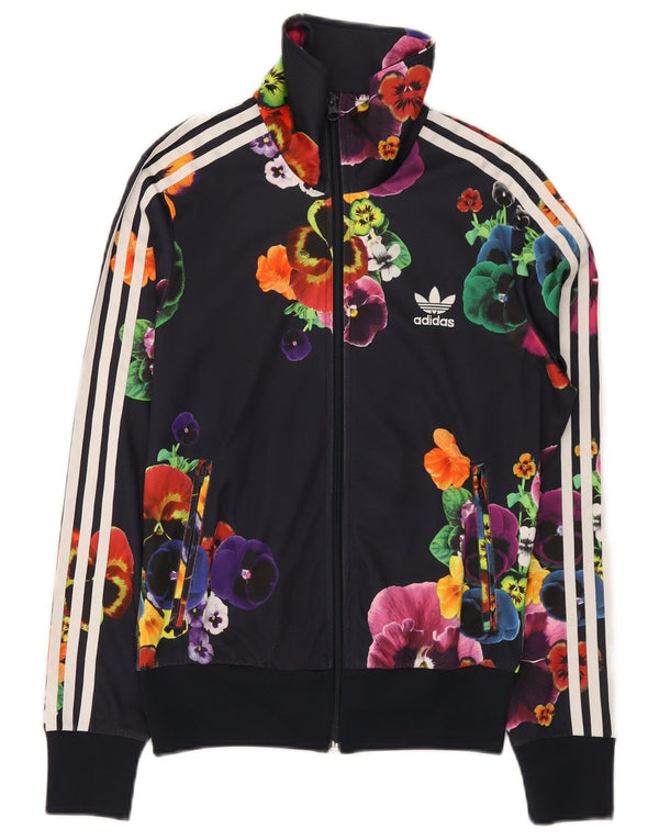 Adidas Womens Graphic Tracksuit Top Jacket UK 10 Small  Navy Blue Floral