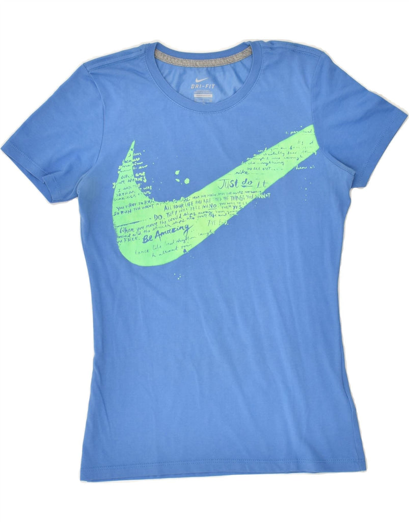 NIKE Womens Dri Fit Graphic T-Shirt Top UK 10 Small Blue Cotton | Vintage Nike | Thrift | Second-Hand Nike | Used Clothing | Messina Hembry 