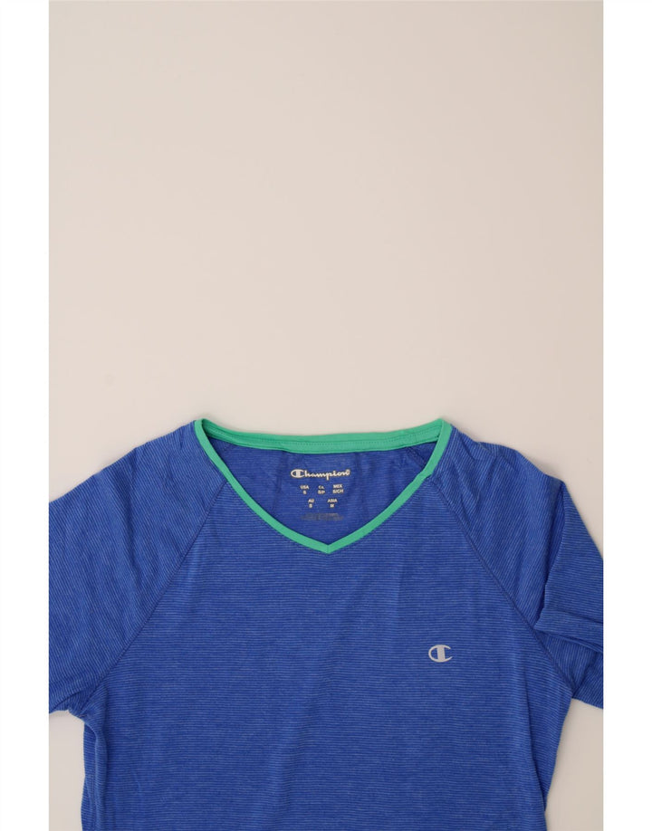 CHAMPION Womens T-Shirt Top UK 10 Small Blue Pinstripe Polyester Vintage Champion and Second-Hand Champion from Messina Hembry 