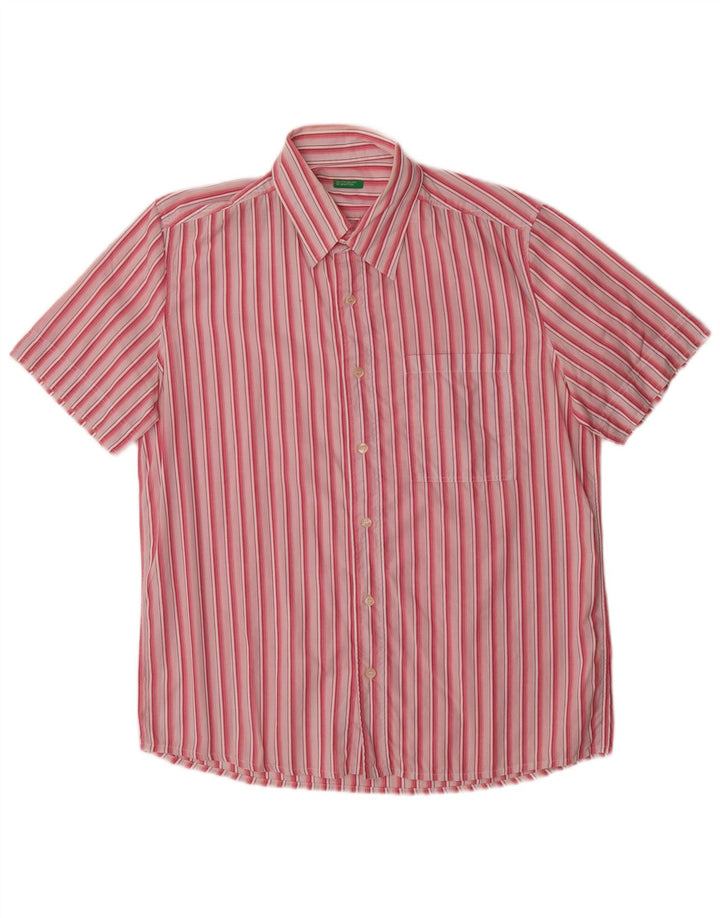 Benetton Mens Short Sleeve Shirt Large Pink Striped Cotton