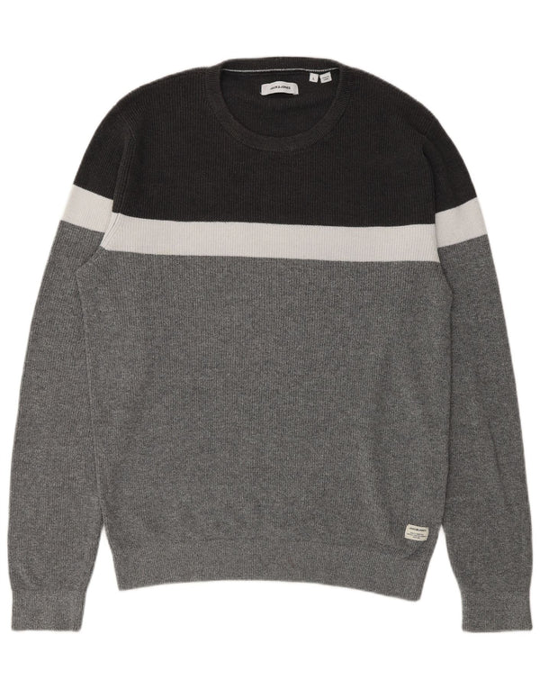 Jack & Jones Mens Crew Neck Jumper Sweater Large Grey Colourblock Cotton