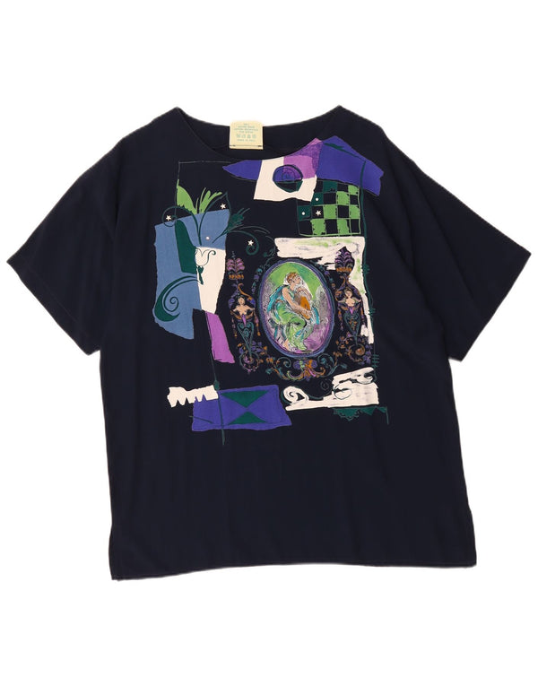 Vintage Womens Graphic Blouse Top UK 16 Large Navy Blue Cotton