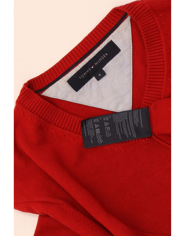 Tommy Hilfiger Mens V-Neck Jumper Sweater Small Red Cotton