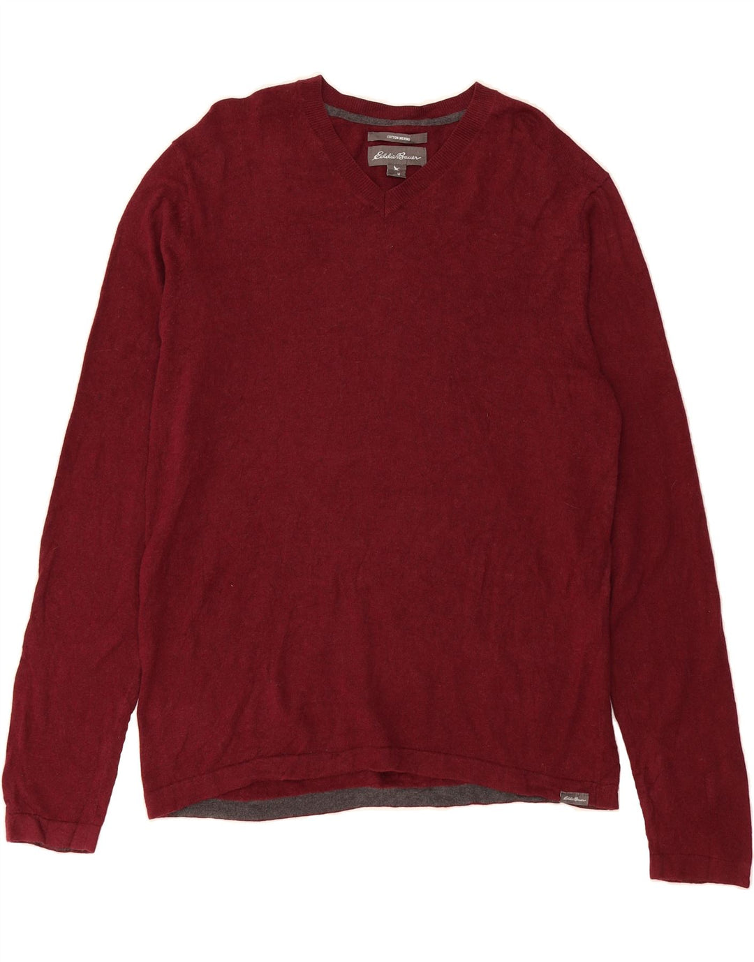 EDDIE BAUER Mens V-Neck Jumper Sweater Medium Burgundy Cotton Vintage Eddie Bauer and Second-Hand Eddie Bauer from Messina Hembry 