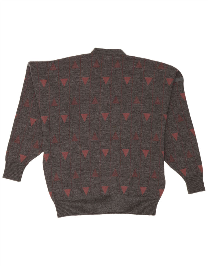 PIERRE SANGAN Mens V-Neck Jumper Sweater Large Grey Geometric Acrylic