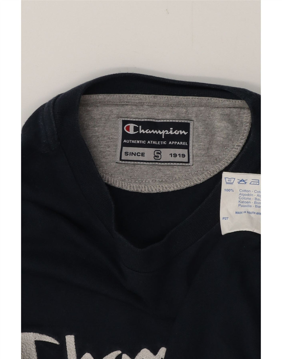 CHAMPION Mens Graphic Top Long Sleeve Small Navy Blue Cotton