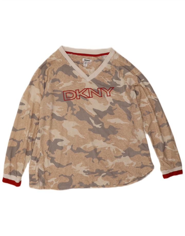 Dkny Womens Graphic Top Long Sleeve UK 16 Large Beige Camouflage Polyester