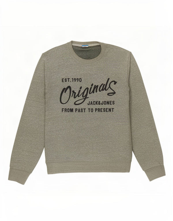 Jack & Jones Mens Graphic Sweatshirt Jumper Large Khaki Flecked Cotton