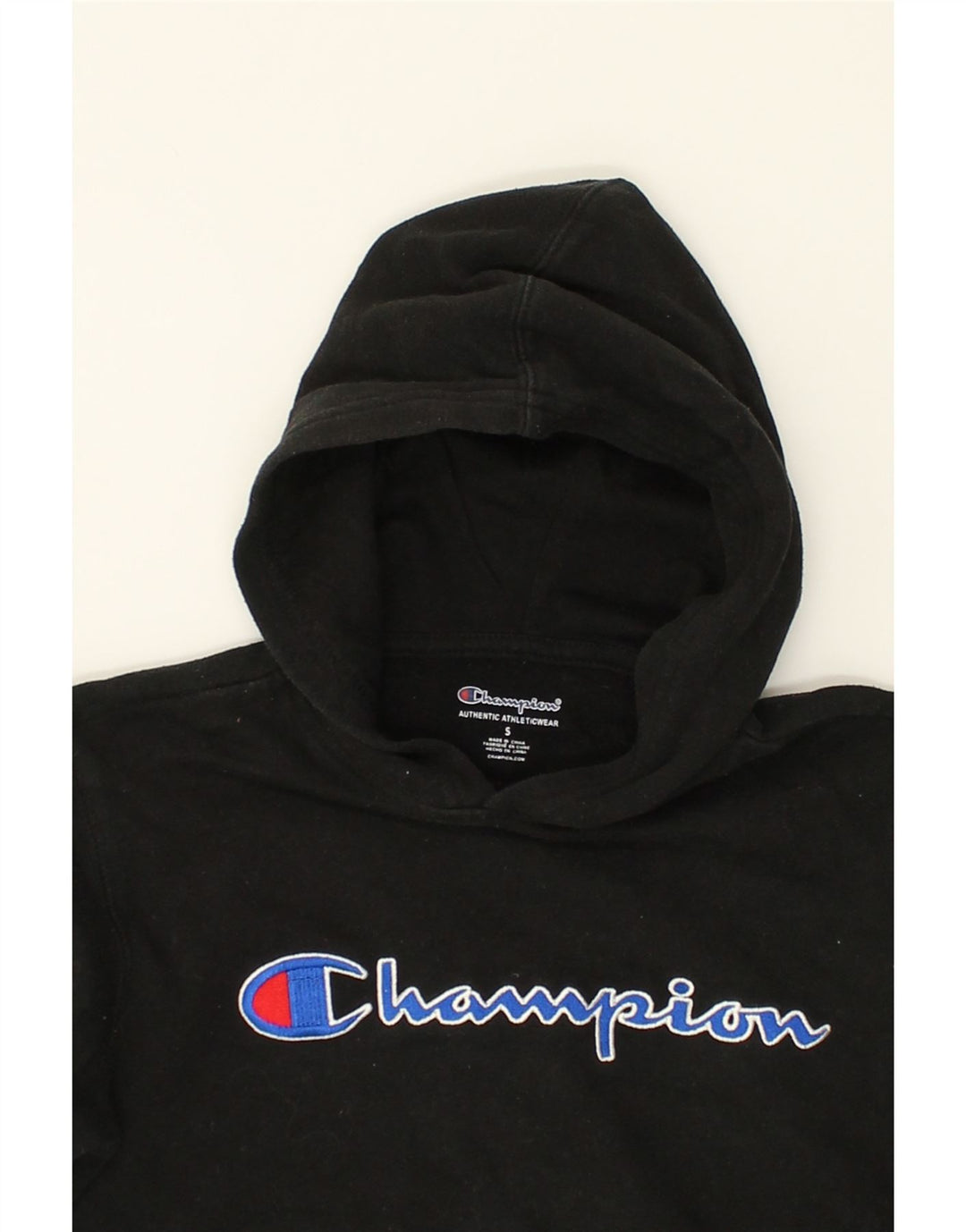CHAMPION Girls Graphic Hoodie Jumper 9-10 Years Small  Black Cotton | Vintage Champion | Thrift | Second-Hand Champion | Used Clothing | Messina Hembry 