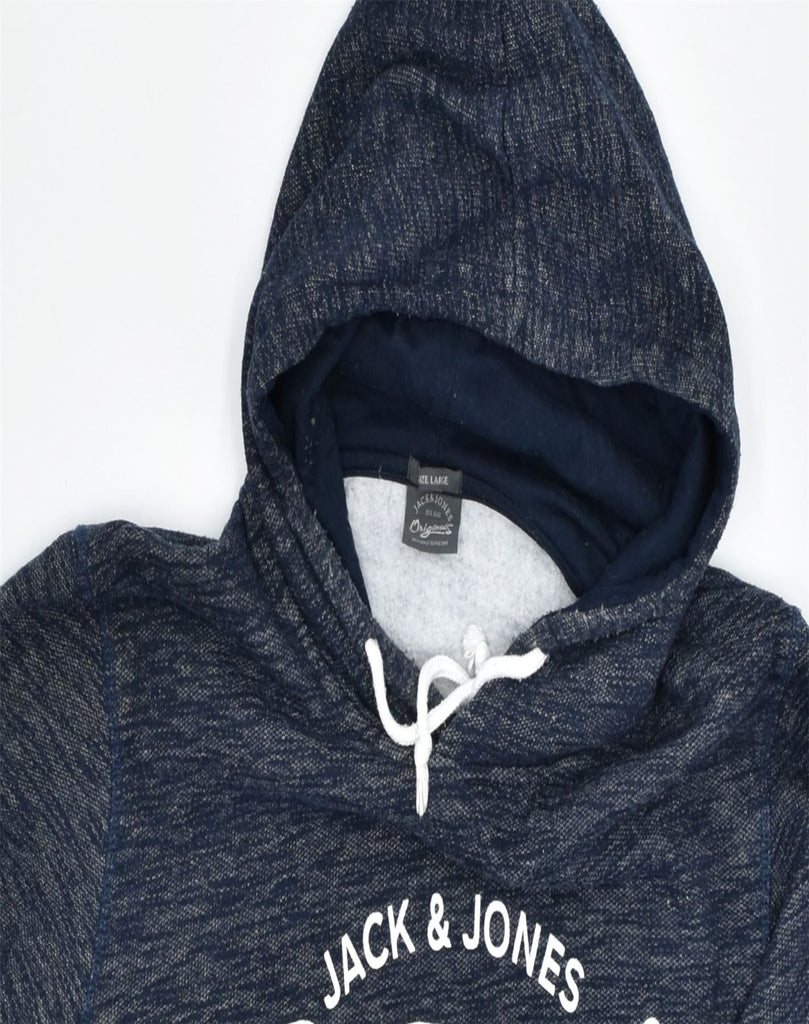 JACK & JONES Mens Graphic Hoodie Jumper Large Navy Blue Polyester | Vintage | Thrift | Second-Hand | Used Clothing | Messina Hembry 