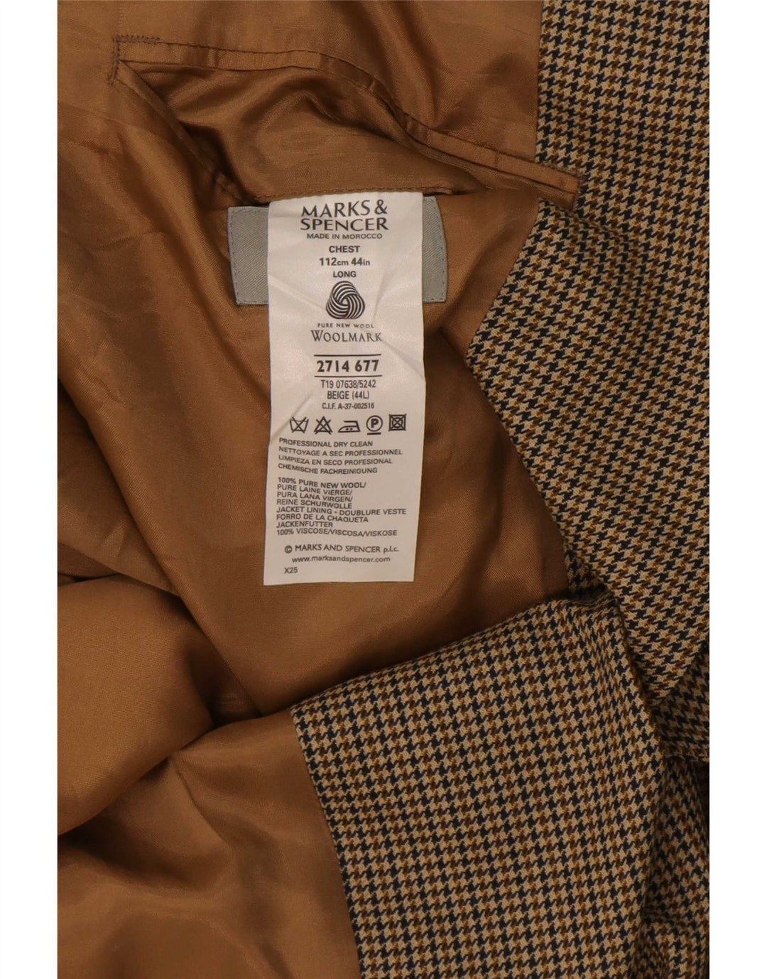 Marks & Spencer Mens Long 2 Button Blazer Jacket UK 44 XL Beige Houndstooth