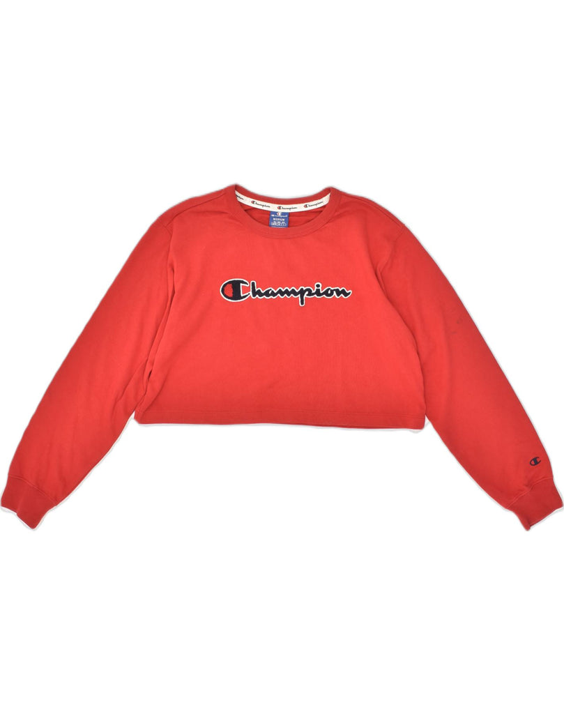 CHAMPION Womens Crop Graphic Sweatshirt Jumper UK 14 Medium Red Cotton | Vintage Champion | Thrift | Second-Hand Champion | Used Clothing | Messina Hembry 