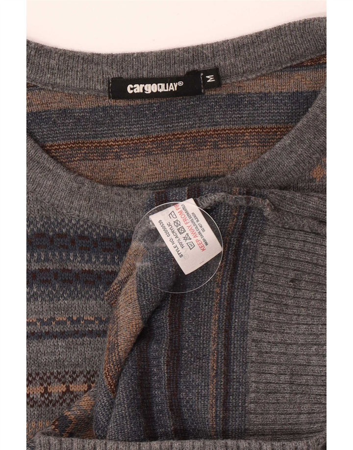 Vintage Mens Boat Neck Jumper Sweater Medium Grey Fair Isle Acrylic