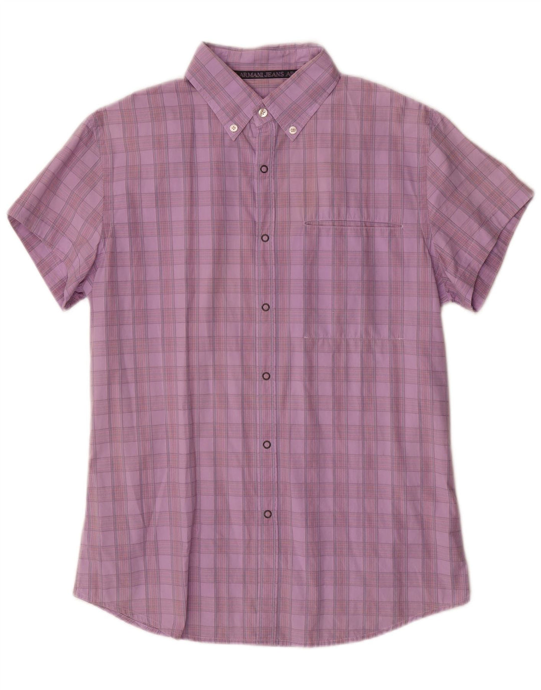 Armani Jeans Mens Graphic Short Sleeve Shirt XL Purple Check Cotton