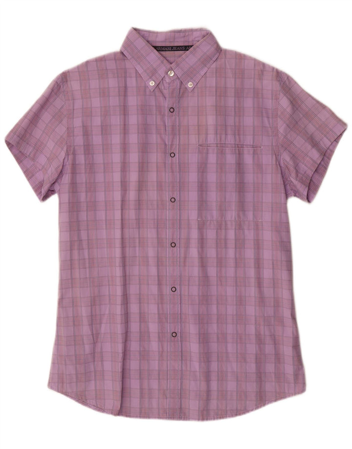 Armani Jeans Mens Graphic Short Sleeve Shirt XL Purple Check Cotton
