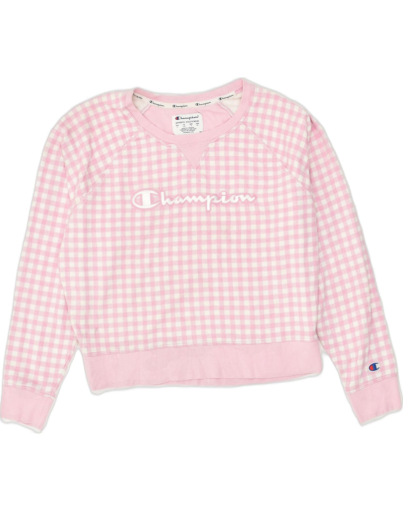 CHAMPION Womens Authentic Graphic Sweatshirt Jumper UK 16 Large Pink Check | Vintage Champion | Thrift | Second-Hand Champion | Used Clothing | Messina Hembry 