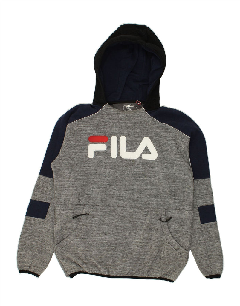 FILA Mens Graphic Hoodie Jumper Medium Grey Colourblock Cotton | Vintage Fila | Thrift | Second-Hand Fila | Used Clothing | Messina Hembry 